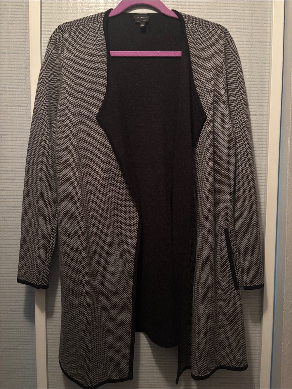 EUC Talbots Black and White Open-Front Herringbone Cardigan